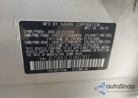 2020 Subaru Forester Premium z USA, uszkodzony, nr VIN JF2SKAJC7LH402817